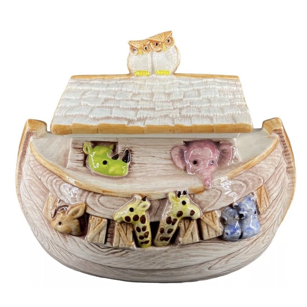 Vtg 70s Treasure Craft Noahs Ark Ceramic Cookie Jar Colorful Animals Boat USA